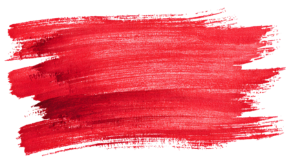 Vibrant textured red paint stroke with visible brush marks and subtle glitter effect isolated on transparent background
