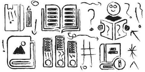 Expressive hand-drawn sketch of books and symbols for creative design projects, perfect for adding a playful touch to educational materials and presentations