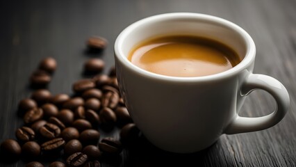 Fototapeta premium Coffee cup with coffee beans on a wooden table