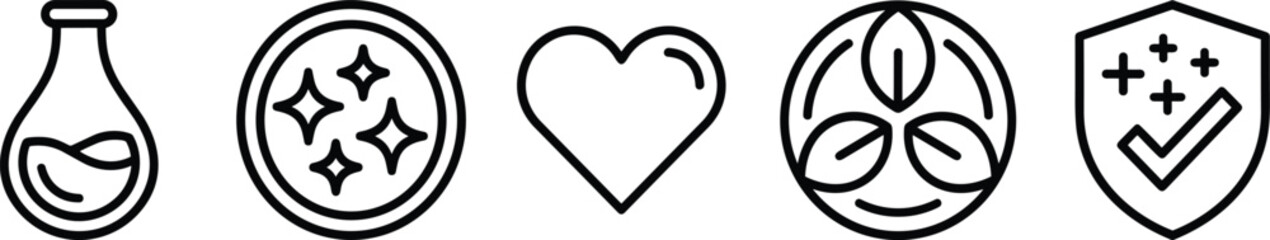 Health and wellness icon set, stylized black symbols for science, nature, safety, and clean product branding themes