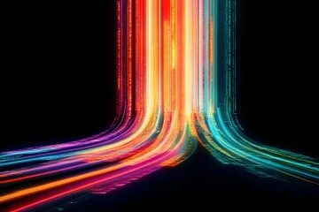 Abstract vibrant streaks of colorful light trails and glowing particles flowing upwards on a dark background representing data transfer and digital transformation