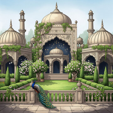 Ornate Indian Palace Courtyard Peacock Greenery Formal Garden architecture isolated on a transparent background