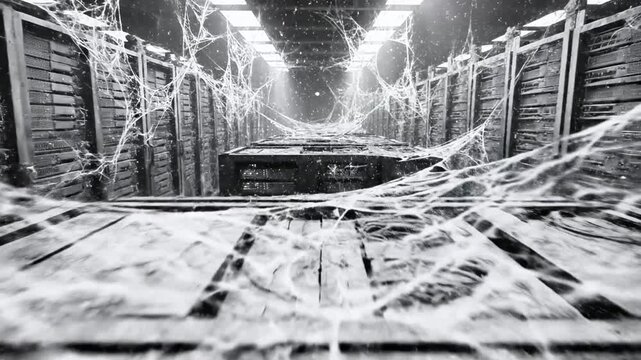 A decaying server room, draped in cobwebs, bathed in ethereal light, a dystopian future