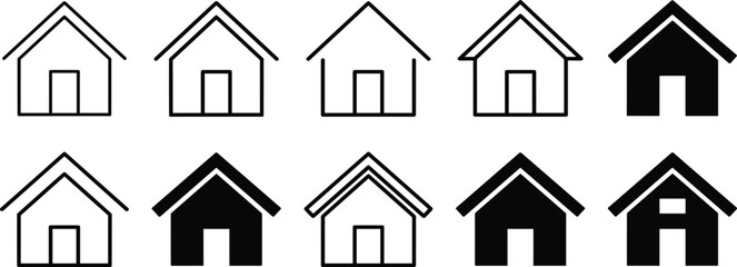 House icon set, stylized black-and-white roof variations for architecture, real estate branding, and UI design themes