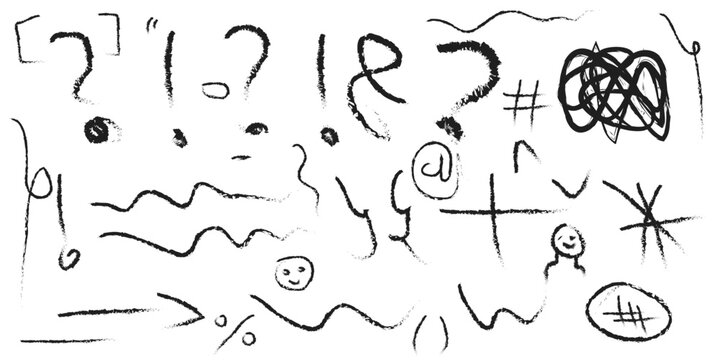 Fun sketched punctuation marks and symbols in black ink style for creative designs and playful educational materials, adding a quirky and whimsical touch
