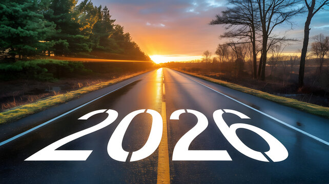 Road to 2026 with a bright sunset and forest landscape