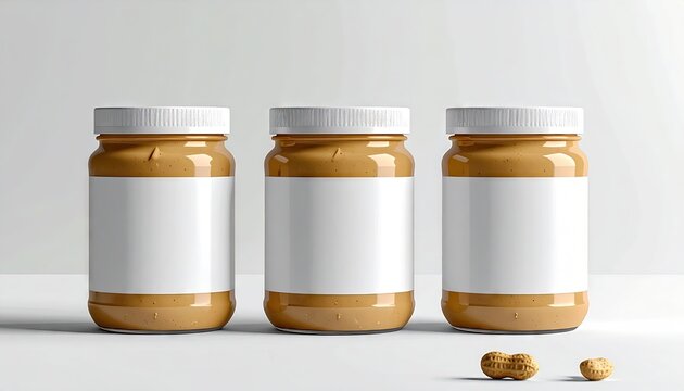 Jars of peanut butter aligned and photographed on a white surface, with peanuts nearby.