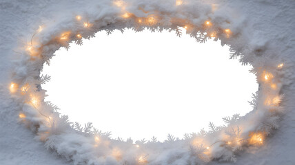 Festive holiday wreath with lights on snowy background for text or image overlay