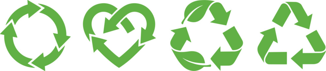 Recycling symbol set, green icons, eco design, heart loop, leaf triangle, sustainability concept, vector, isolated, environmental, stock