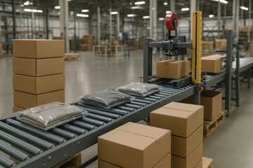 Automated packaging machine seals clothes and boxes on a conveyor belt. Modern factory for efficient logistics and distribution.