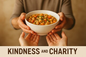 Hands exchange a warm bowl of food, symbolizing care and human connection. This image perfectly captures the essence of kindness and support.