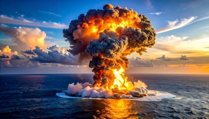Enormous explosion erupts from ocean; bright orange flames, billowing smoke, sunset sky