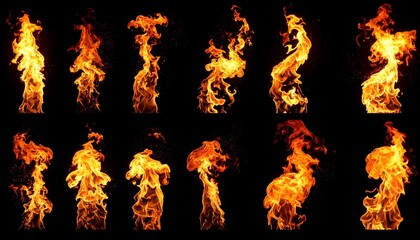 Eleven separate flame bursts in varying shapes, against a stark black background