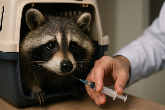 A focused raccoon in a carrier awaits a veterinary injection. This image captures a moment of animal healthcare.