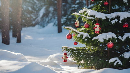 Christmas tree decorated in a snowy winter forest with sunlight