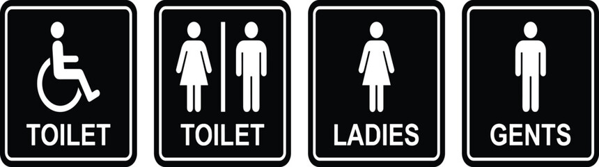 Restroom signage icon set, stylized toilet symbols for public facility access, gender designation, and accessibility design themes