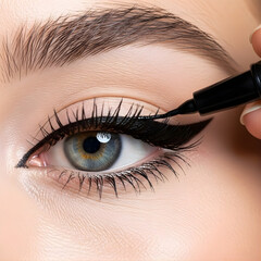 Naklejka premium Close-up of a woman's eye being precisely outlined with liquid eyeliner, showcasing makeup application and beauty techniques
