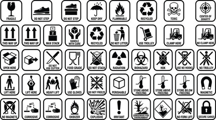 Safety and handling symbol icon set, stylized black pictograms for packaging compliance, logistics signage, and industrial design themes
