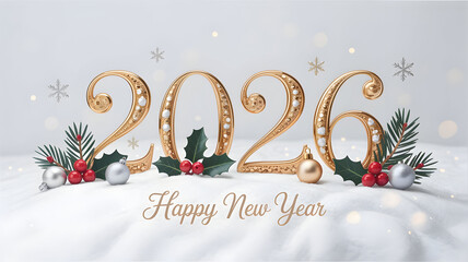 Golden 2026 new year celebration with holly and snowflakes on white
