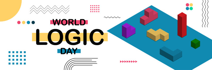 Obraz premium World logic day vector banner design with colorful geometric shapes and abstract puzzles