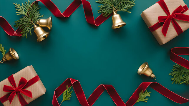 Festive christmas frame with gifts bells ribbon and evergreen on teal background