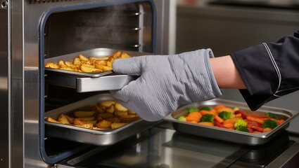 Chef in black jacket removes a tray of roasted potato wedges from the oven, with colorful cooked vegetables on the counter. Steam highlights freshness and warmth