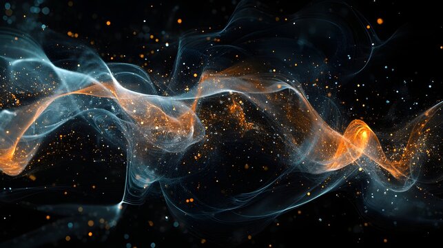 Abstract glowing wave design with orange and blue light particles on a dark background for modern technology and futuristic concepts