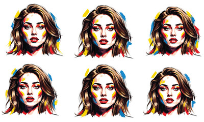 Obraz premium Six stylized portraits of a woman s face in a colorful artistic silhouette style