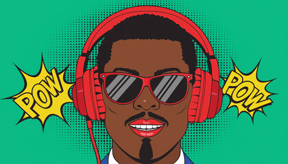 A stylish individual enjoys vibrant music with an energetic vibe, depicted in a cool retro pop art comic book illustration, full of dynamic sound and visual appeal