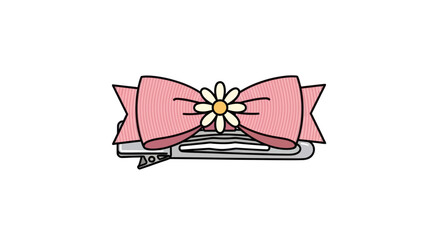 A cute cartoon illustration of a pink bow hair clip with a small white daisy flower.