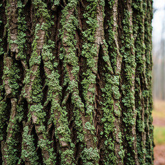 Obraz premium Close-up view of a tree trunk covered in green moss and lichen, showcasing its textured bark.
