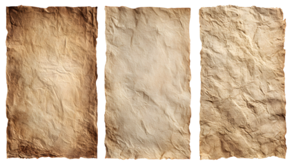 Three distinct antique parchment textures with frayed edges and weathered surfaces showcasing aged paper and historical document appearance isolated on transparent background