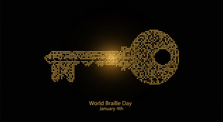 Golden key made of braille dots against a black background, commemorating World Braille Day on January 4th, symbolizing access, inclusivity, and empowerment for the visually impaired.