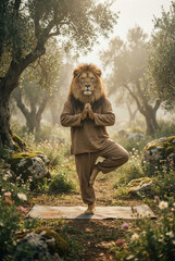 lion doing yoga in yoga outfit surrounded by beautiful nature
