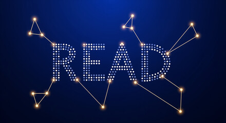 Read text formed with dots connected like constellations, illuminated with a soft glow on a deep blue background, creating a cosmic and educational visual effect.