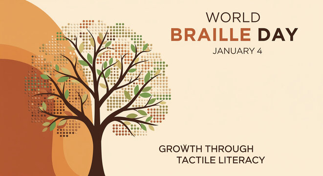 World Braille Day graphic features a stylized tree with Braille dots as leaves, symbolizing growth through tactile literacy, celebrated on January 4th, promoting inclusivity.