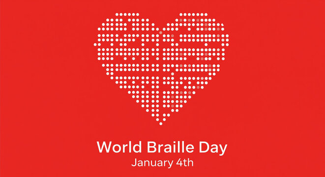 Braille heart on red background with "World Braille Day, January 4th" text, celebrating inclusivity and awareness of visually impaired individuals on Braille Day. - Powered by Adobe