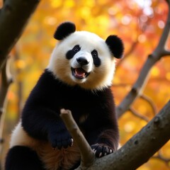 Fototapeta premium Giant panda bear sitting in a tree with autumn foliage