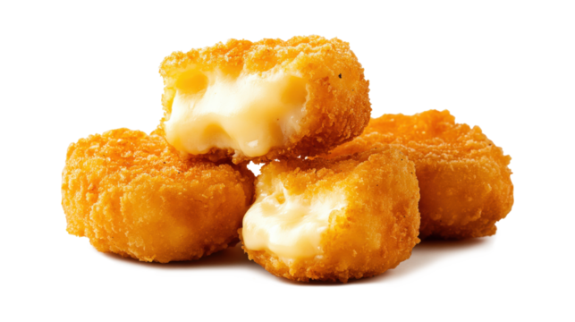 A stack of four chicken nuggets with one of them missing a piece