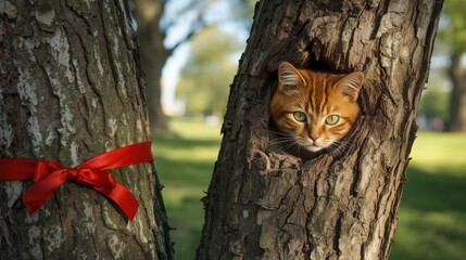 Ginger cat peeking out of a tree hollow with red ribbon
