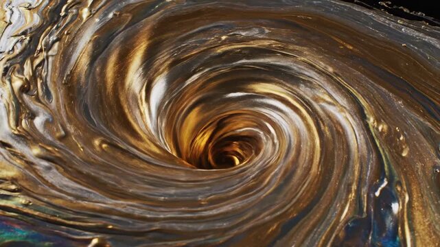 Extreme slow motion abstract footage of shimmering metallic liquid ink swirling continuously into an endless golden vortex on a black background liquid art, viscosity, black