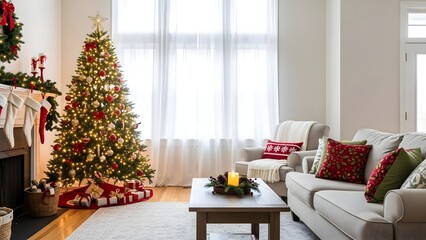 A festive and inviting living room, beautifully decorated for holidays, featuring sparkling Christmas tree, warm fireplace, elegant decorations, creating cozy atmosphere