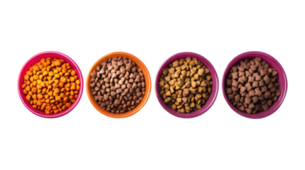 Four bowls of different colored dog food