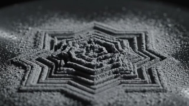 Extreme slow motion close-up of fine gray dust particles vibrating and shifting into complex geometric shapes on a dark resonant surface cymatics, order, macro