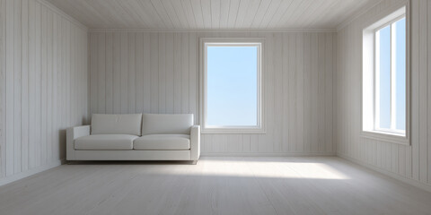 Bright and minimalistic interior of a modern living room with white walls and natural light