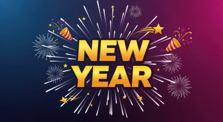 Golden new year text surrounded by bright fireworks and party poppers against a vibrant blue and magenta gradient background