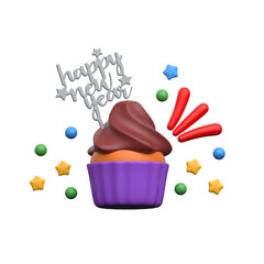 A festive 3D illustration of cupcake topped with Happy New Year decoration