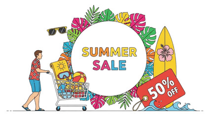 Continuous colorful line art of tropical leaf border, man with summer shopping cart, surfboard beside discount tag, Summer Sale illustration