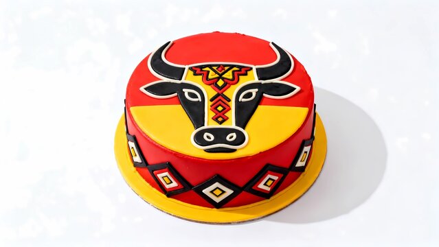: Vibrant cake featuring stylized motifs inspired by Madura Karapan Sapi festival decorations, placed on a minimalist white background
