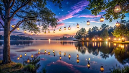 Serene Lakeside Evening with Glowing Lanterns Reflecting on Calm Water Under a Starry Twilight Sky